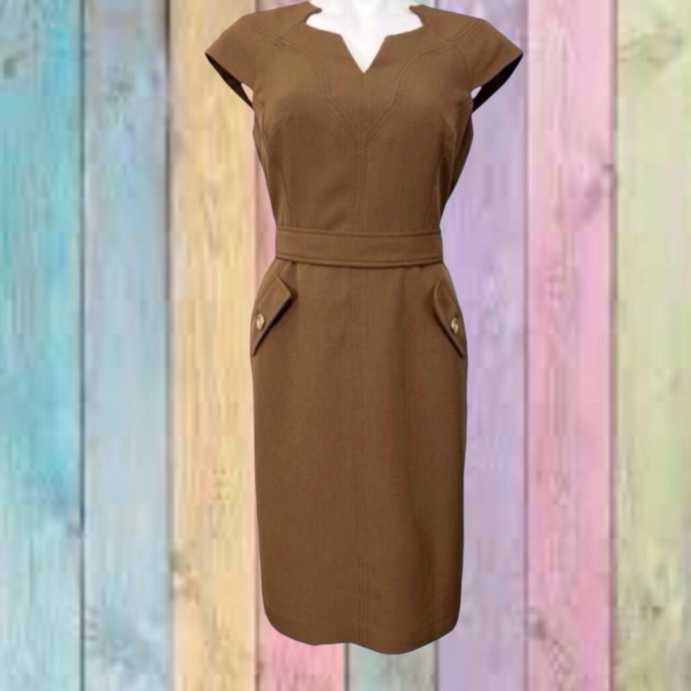 Kasper Brown Sheath Dress with Notch Neck